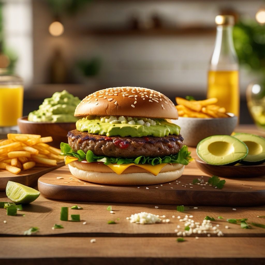 Photo of a hamburger in a kitchen board surrounding by condiments